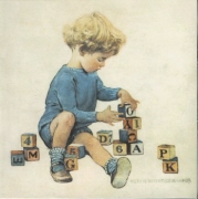 Wenskaart Boy with blocks