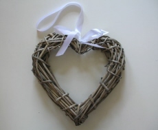 Rustic rattan open hart grey met wit lint