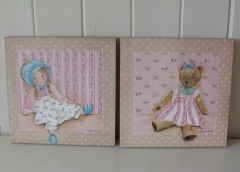 set 2 schilderijtjes Pop Beer roze